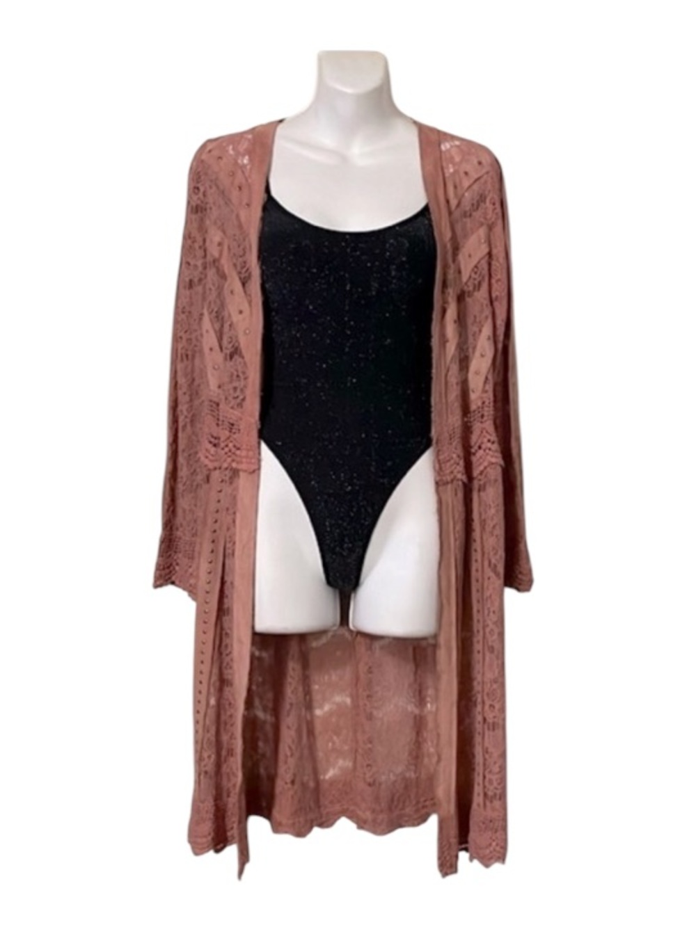Vocal Lace Studded Suede like Boho Kimono Duster Cardigan Beach Swimsuit Coveup
